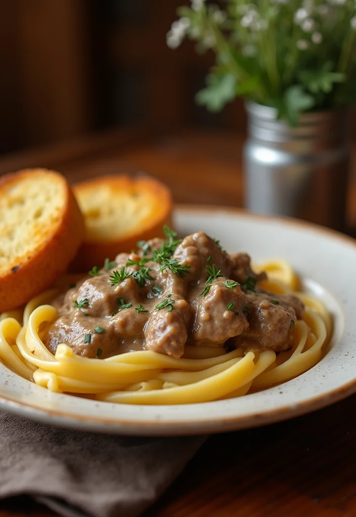 12 Beef Stroganoff Stove Top Recipes That Taste Incredible - 10. Beef Stroganoff with Garlic Bread