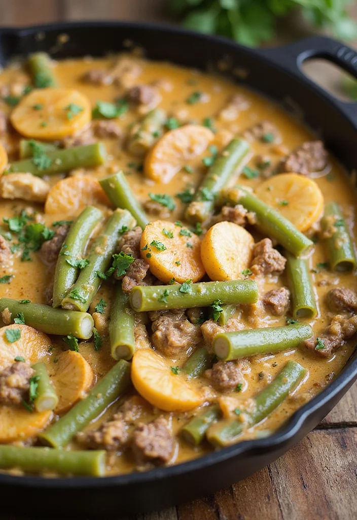 14 Easy Ground Beef Green Bean Casserole Meals That Always Impress - 6. Creamy Garlic Ground Beef Green Bean Casserole