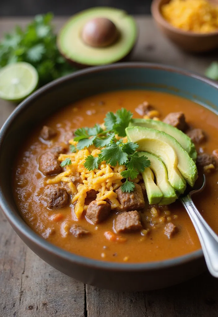 16 Easy Creamy Beef Taco Soup Meals That Always Impress - 10. Creamy Beef Taco Soup with Avocado