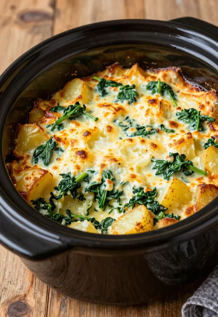 18 Creamy and Easy Crock Pot Potato Recipes for Comfort Food Lovers - 5. Cheesy Potato and Spinach Bake 1