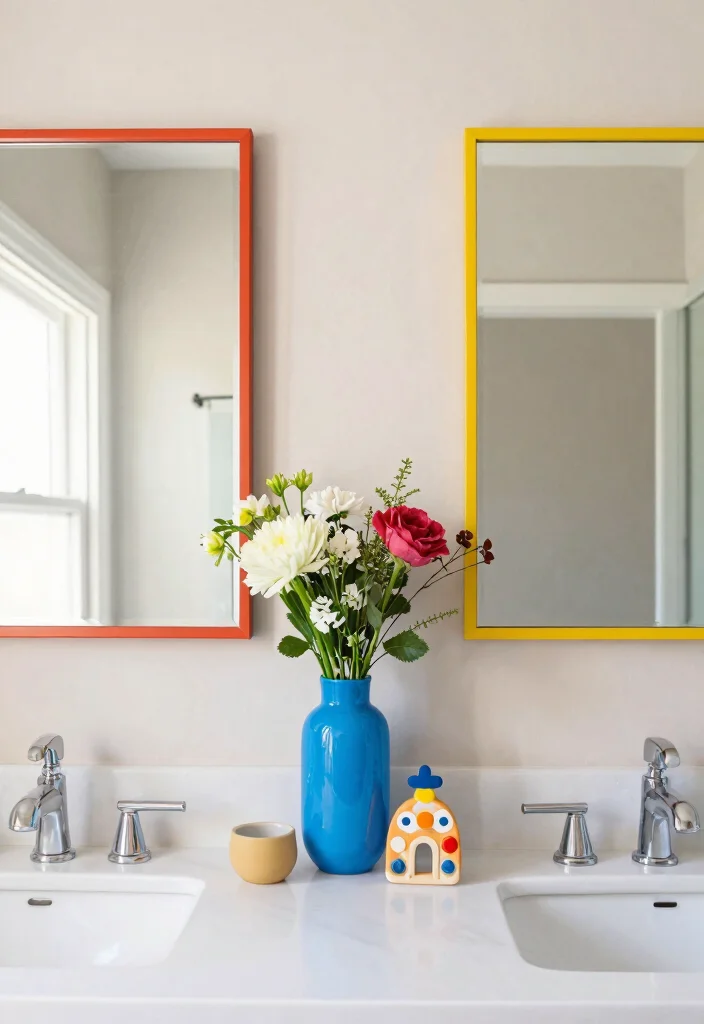 15 Decor Between Two Bathroom Mirrors Ideas With Stylish Balance - 13. Colorful Accent Pieces 1