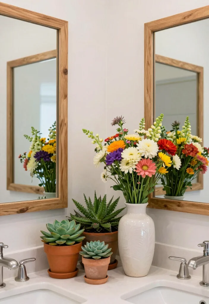 15 Decor Between Two Bathroom Mirrors Ideas With Stylish Balance - 6. Greenery and Floral Arrangements 1