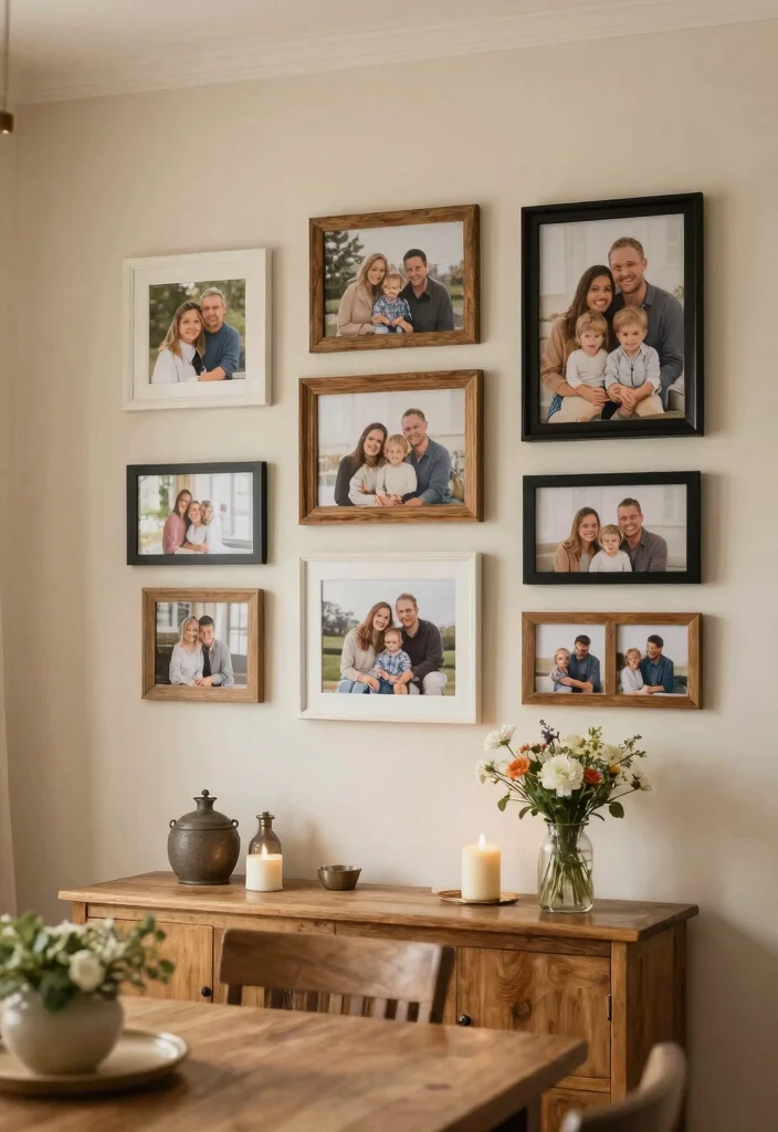 15 Farmhouse Dining Room Wall Decor Ideas With Rustic Warmth - 4. Gallery Wall of Family Photos 1