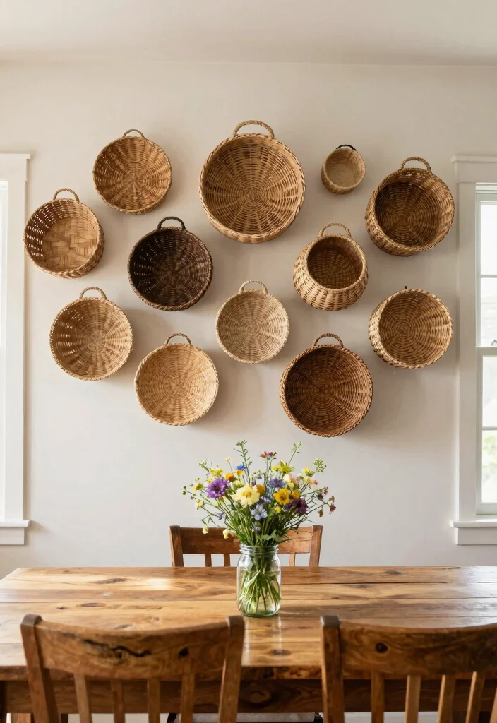 15 Farmhouse Dining Room Wall Decor Ideas With Rustic Warmth - 5. Woven Baskets 1