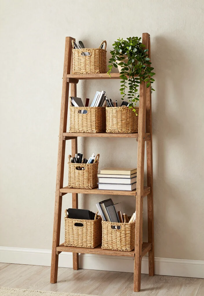 15 Office Wall Shelf Ideas That Maximize Vertical Space - 2. Ladders as Unique Display Units 1