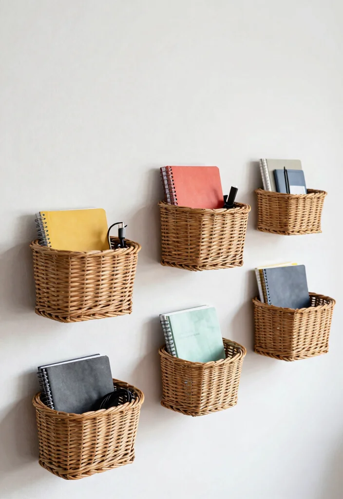 15 Office Wall Shelf Ideas That Maximize Vertical Space - 5. Wall-Mounted Baskets for Quick Access 1