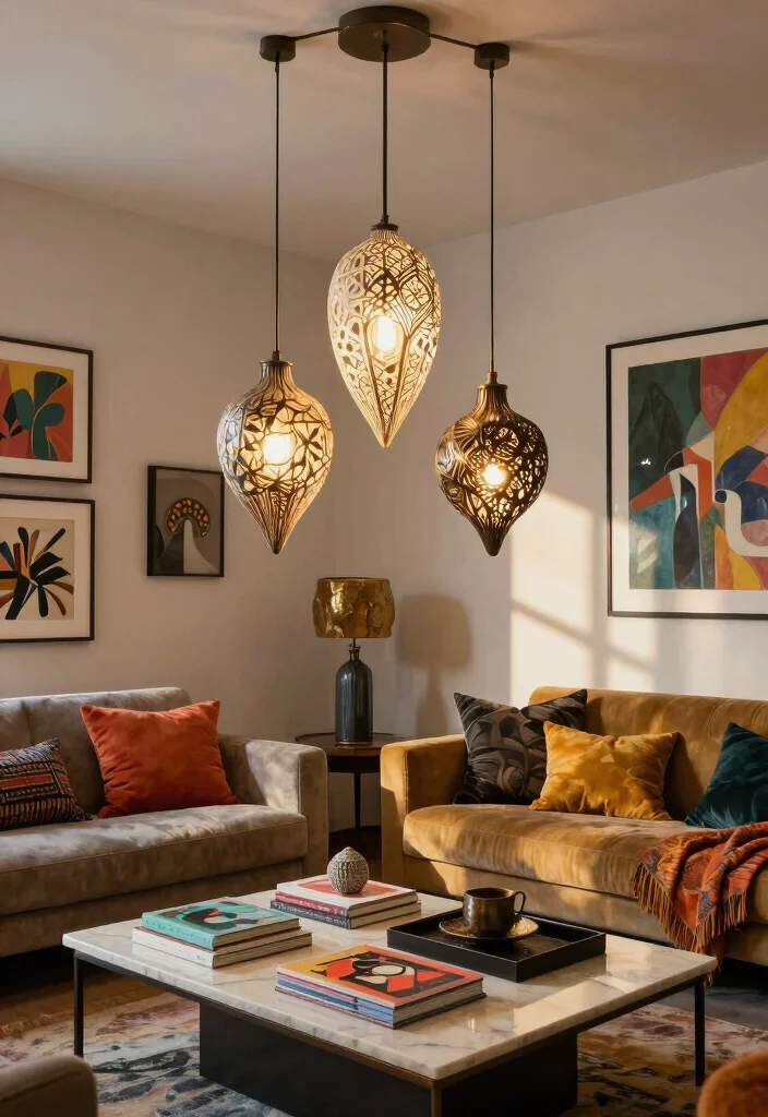 15 Plug In Pendant Light Living Room Ideas With Easy Glow - 12. Art-Decorative Pendant Lights 1