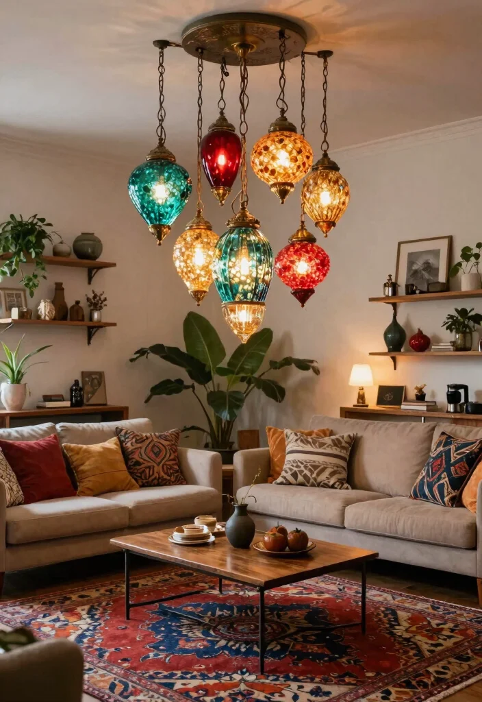 15 Plug In Pendant Light Living Room Ideas With Easy Glow - 3. Colorful Glass Pendant Lights 1