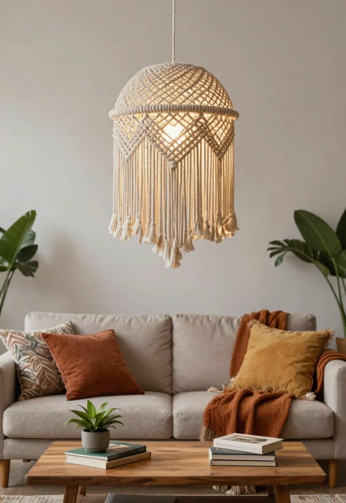 15 Plug In Pendant Light Living Room Ideas With Easy Glow - 5. Macramé and Pendant Light Combo 1