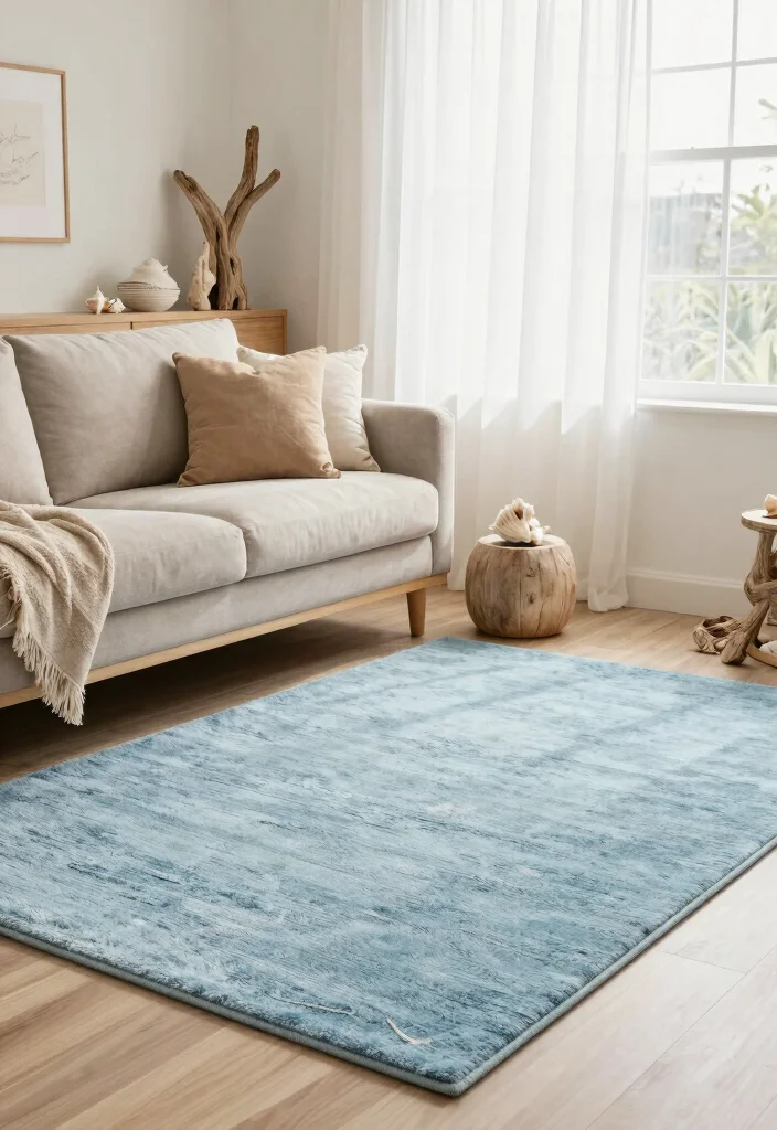 16 Light Blue Rug Living Room Ideas With Soft Fresh Vibes - 1. Coastal Chic with a Textured Light Blue Area Rug 1