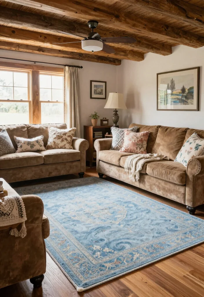 16 Light Blue Rug Living Room Ideas With Soft Fresh Vibes - 11. Rustic Cottage Vibes with Light Blue Accents 1
