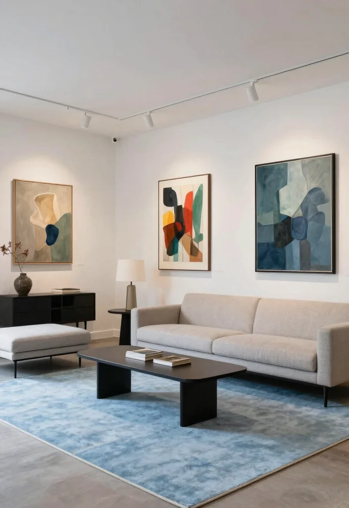 16 Light Blue Rug Living Room Ideas With Soft Fresh Vibes - 12. Contemporary Gallery Style with Minimalist Rugs 1