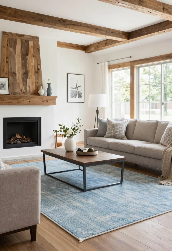 16 Light Blue Rug Living Room Ideas With Soft Fresh Vibes - 14. Modern Farmhouse with Light Blue Accents 1