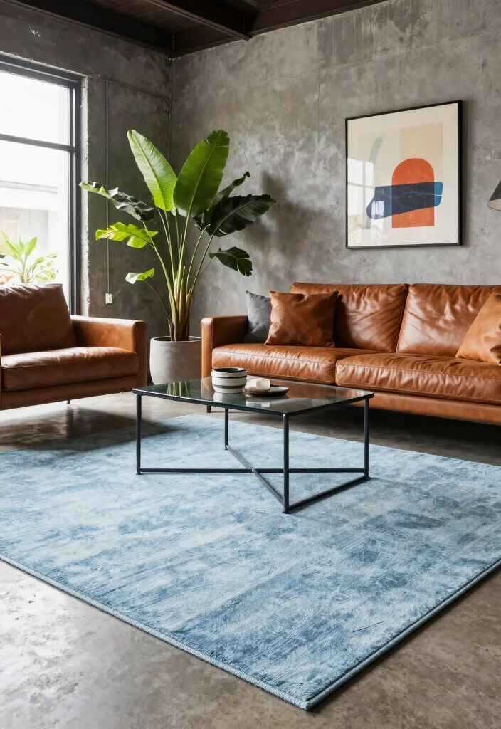 16 Light Blue Rug Living Room Ideas With Soft Fresh Vibes - 15. Stylish Industrial with Soft Touches 1