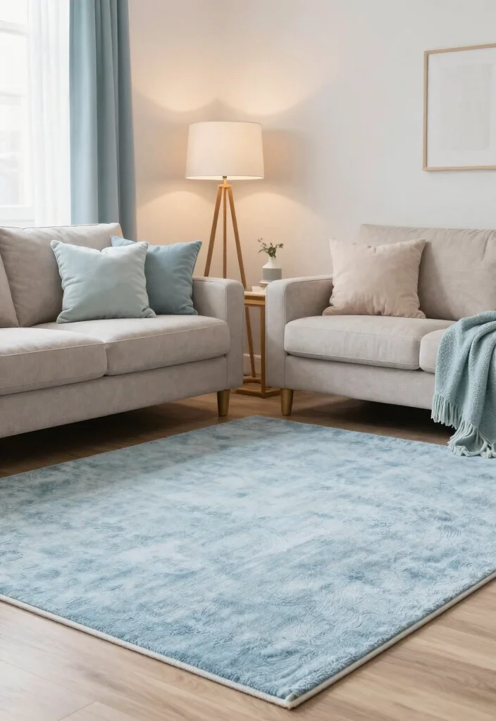 16 Light Blue Rug Living Room Ideas With Soft Fresh Vibes - 16. Soft Color Palettes for a Calm Retreat 1