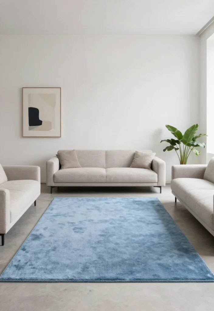 16 Light Blue Rug Living Room Ideas With Soft Fresh Vibes - 2. Minimalist Elegance with Solid Light Blue Rugs 1