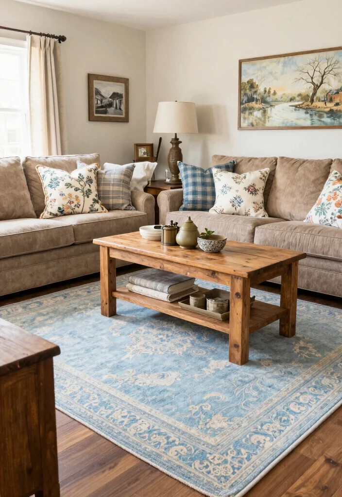 16 Light Blue Rug Living Room Ideas With Soft Fresh Vibes - 5. Farmhouse Charm with Light Blue Rugs 1