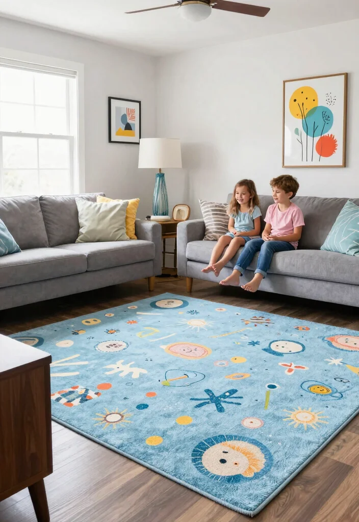 16 Light Blue Rug Living Room Ideas With Soft Fresh Vibes - 6. Playful Patterns for a Family-Friendly Space 1