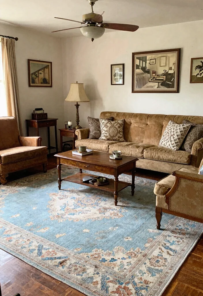 16 Light Blue Rug Living Room Ideas With Soft Fresh Vibes - 7. Vintage Revival with Distressed Rugs 1