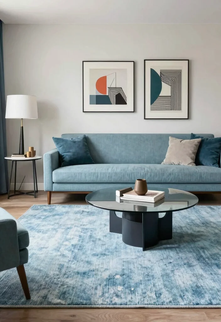 16 Light Blue Rug Living Room Ideas With Soft Fresh Vibes - 9. Trendy Mid-Century Modern with Light Blue Accents 1