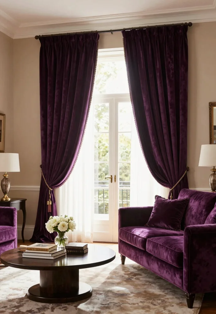 16 Purple Curtains Living Room Ideas With Bold Luxe Style - 1. Regal Deep Purple Velvet Curtains 1