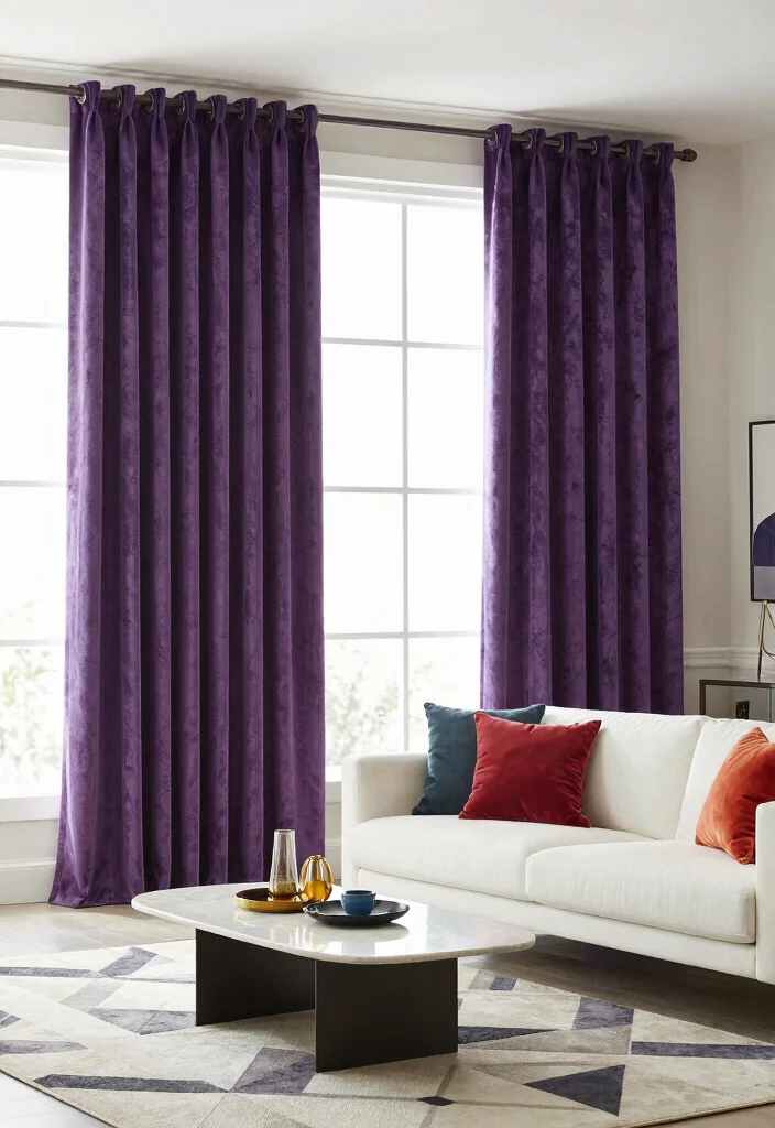 16 Purple Curtains Living Room Ideas With Bold Luxe Style - 10. Purple Velvet with Modern Stripes 1