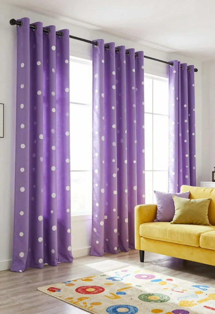 16 Purple Curtains Living Room Ideas With Bold Luxe Style - 12. Playful Purple Polka Dot Curtains 1