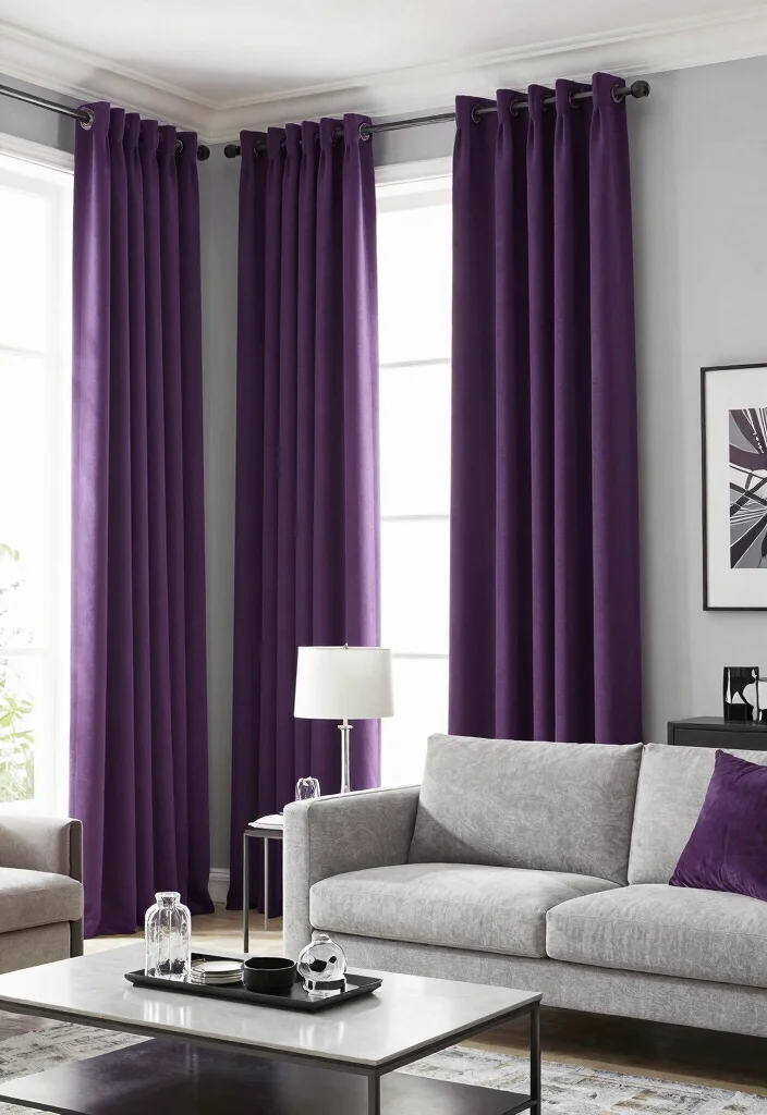 16 Purple Curtains Living Room Ideas With Bold Luxe Style - 13. Sophisticated Purple and Gray Combo 1