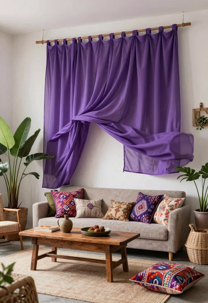 16 Purple Curtains Living Room Ideas With Bold Luxe Style - 14. Bohemian Purple Drapery 1