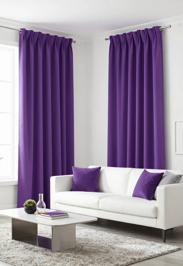 16 Purple Curtains Living Room Ideas With Bold Luxe Style - 15. Chic Purple and White Contrast 1