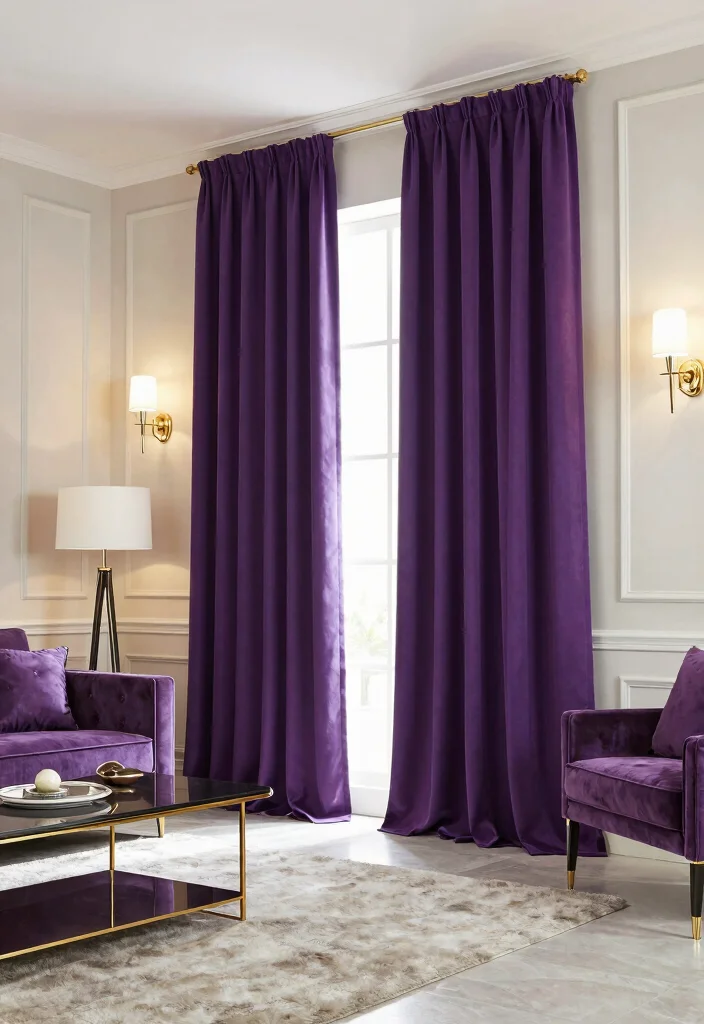 16 Purple Curtains Living Room Ideas With Bold Luxe Style - 16. Glamorous Floor-Length Curtains 1