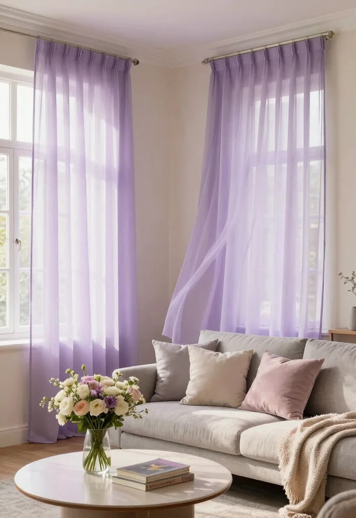16 Purple Curtains Living Room Ideas With Bold Luxe Style - 2. Light Lavender Sheer Curtains 1