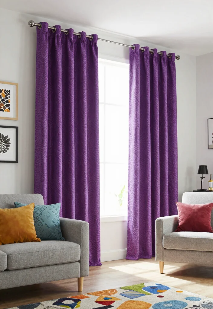 16 Purple Curtains Living Room Ideas With Bold Luxe Style - 4. Bold Purple Patterned Curtains 1