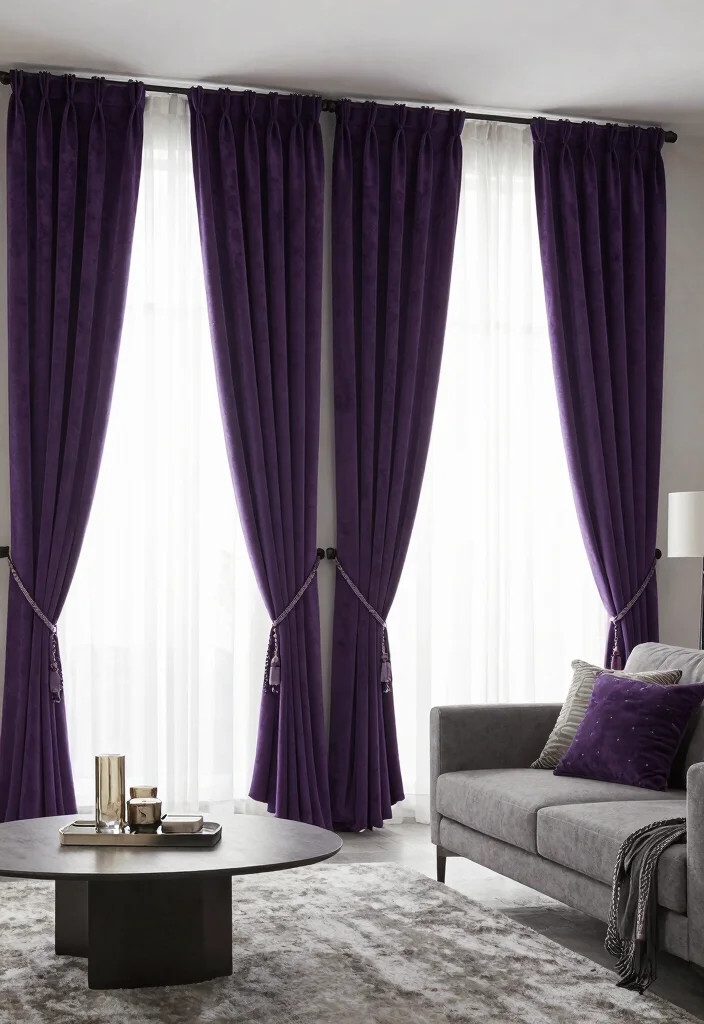 16 Purple Curtains Living Room Ideas With Bold Luxe Style - 5. Layered Textured Curtains 1