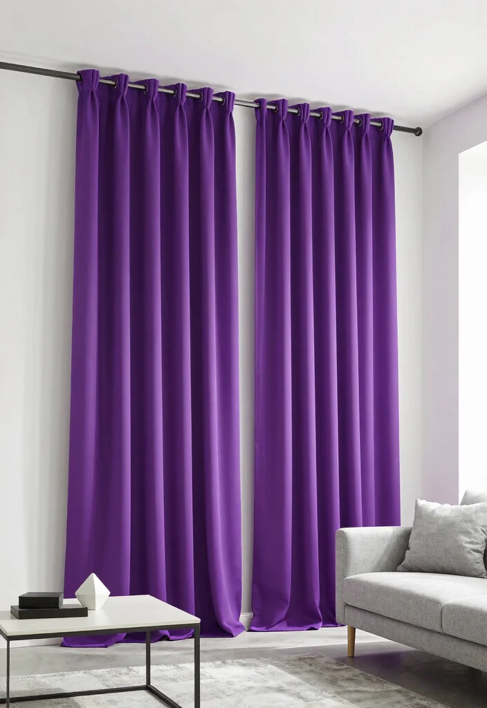 16 Purple Curtains Living Room Ideas With Bold Luxe Style - 7. Minimalist Purple Curtains 1