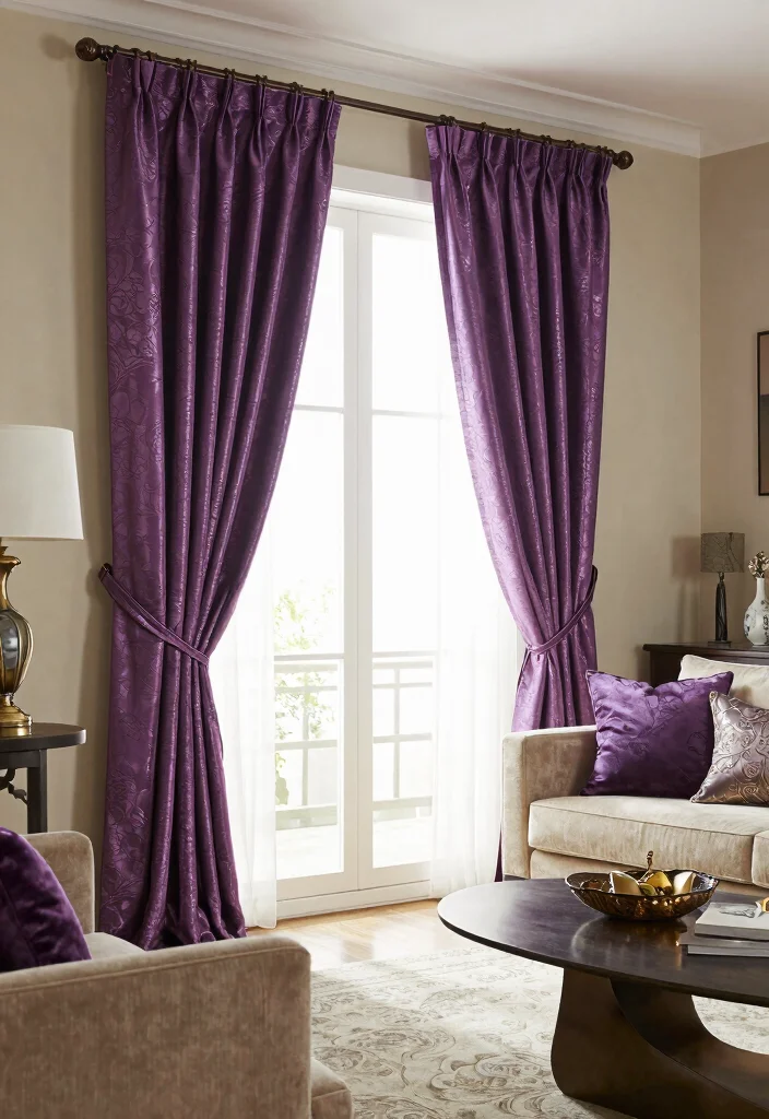 16 Purple Curtains Living Room Ideas With Bold Luxe Style - 8. Artistic Purple Curtain Tiebacks 1