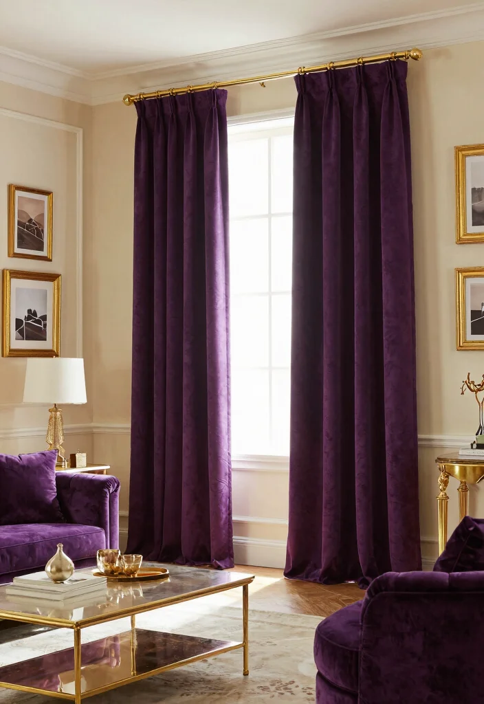 16 Purple Curtains Living Room Ideas With Bold Luxe Style - 9. Purple Curtains with Gold Accents 1