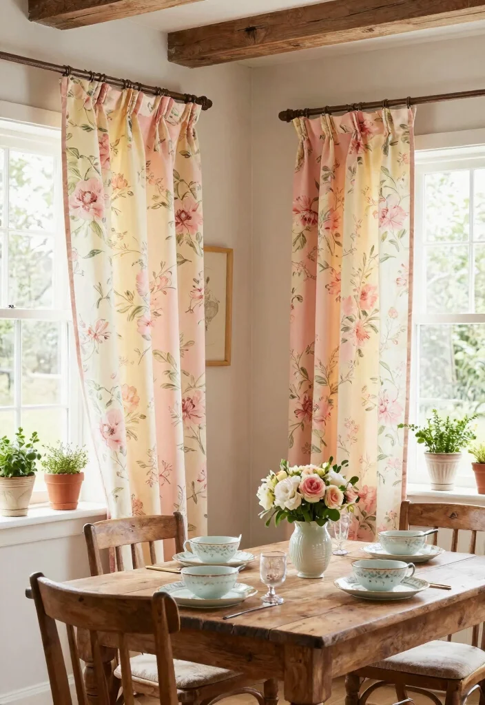 17 Cafe Curtains Dining Room Ideas With Cozy Vintage Feel - 1. Vintage Floral Prints 1