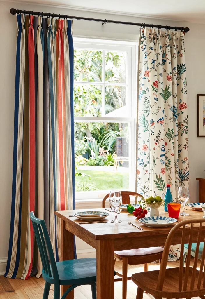 17 Cafe Curtains Dining Room Ideas With Cozy Vintage Feel - 10. Mix and Match Patterns 1