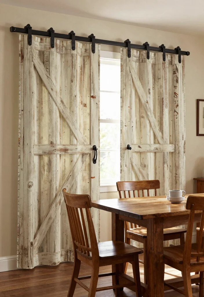 17 Cafe Curtains Dining Room Ideas With Cozy Vintage Feel - 11. Vintage Barn Door Style 1