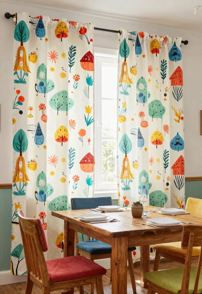 17 Cafe Curtains Dining Room Ideas With Cozy Vintage Feel - 17. Whimsical Patterns 1
