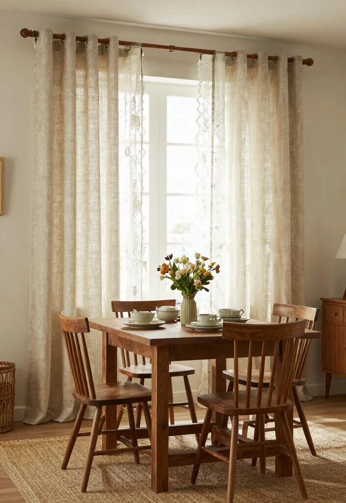 17 Cafe Curtains Dining Room Ideas With Cozy Vintage Feel - 2. Layered Textures 1