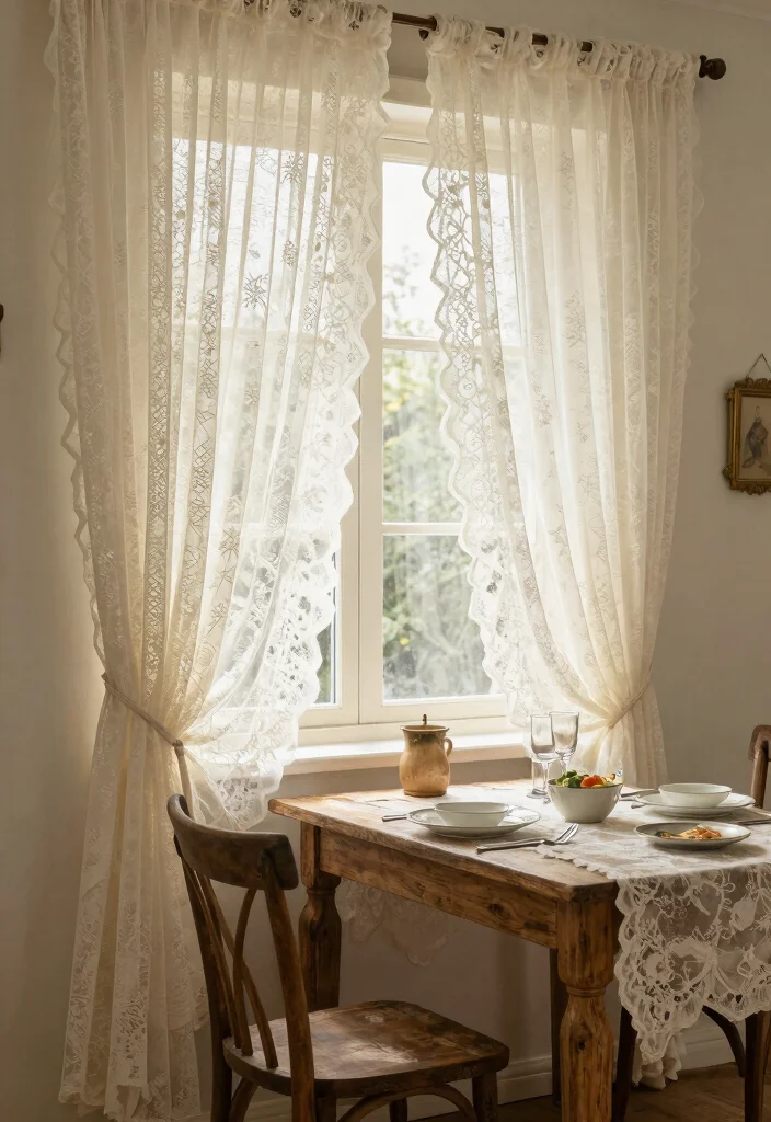 17 Cafe Curtains Dining Room Ideas With Cozy Vintage Feel - 7. Vintage Lace Accents 1
