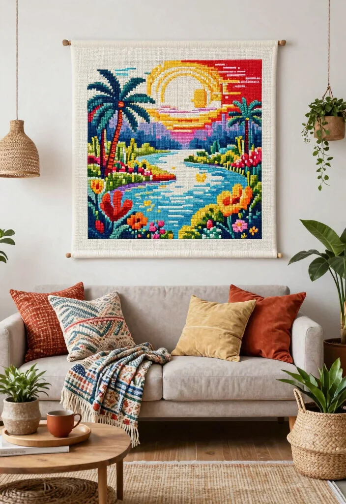 17 Cross Stitch Wall Art Ideas With Handmade Charm - 13. Bohemian-Inspired Art 1