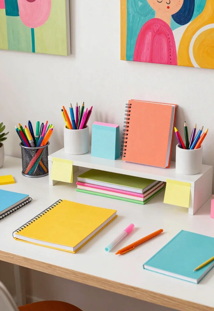 18 Stand Up Desk Home Office Ideas for a Healthier Workspace - 14. Use Colorful Stationery to Boost Fun 1