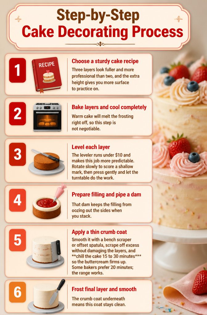Cake Decorating for Beginners: Step-by-Step Recipe and Guide 3 Step-by-step cake decorating process with instructions for baking and leveling layers.