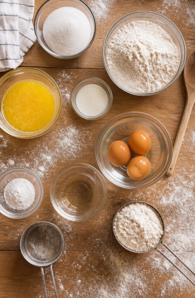 Ingredients for mini cake recipe: flour, eggs, butter, sugar, and more.
