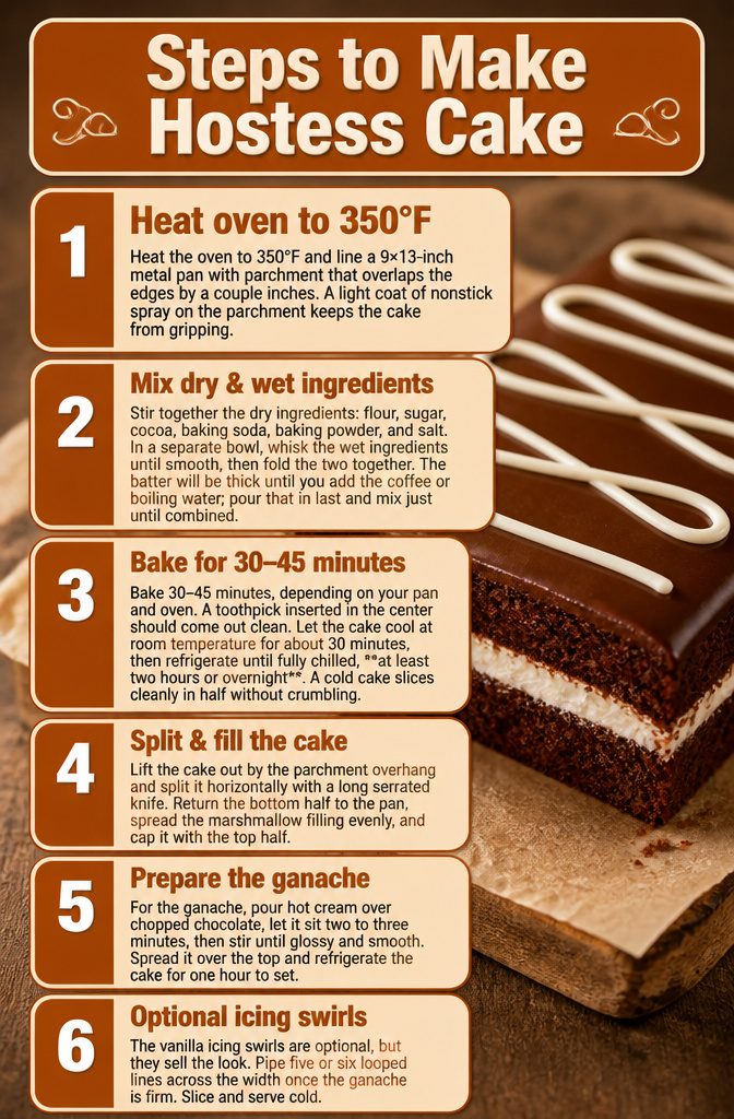 Hostess Chocolate Cake with Marshmallow Filling & Ganache 4 Instructions for making Hostess chocolate cake with ingredients in bowls.