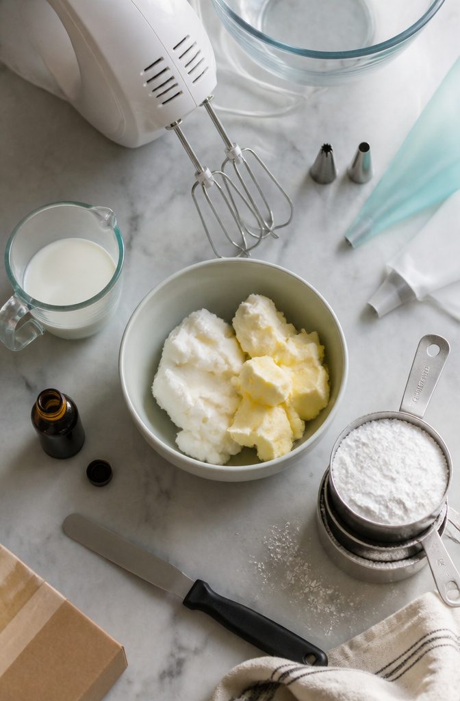 Cake Decorating for Beginners: Step-by-Step Recipe and Guide 2 Ingredients for American buttercream frosting including shortening, butter, sugar, and milk.