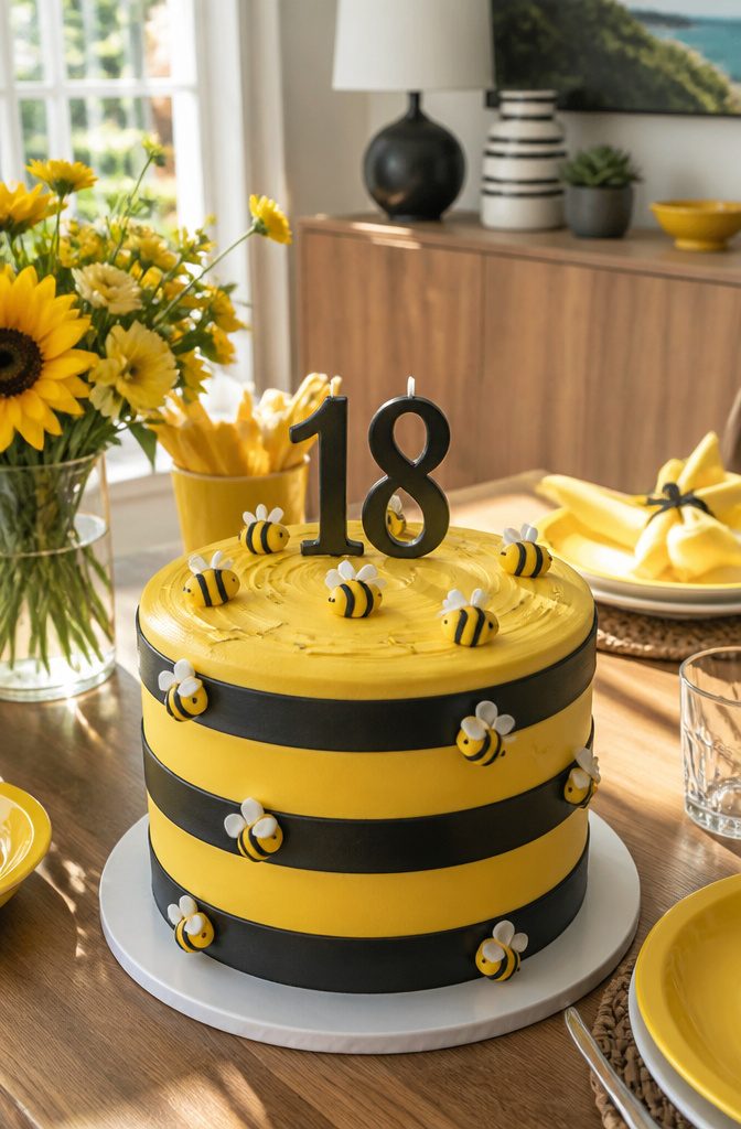 Cake with yellow and black stripes and small fondant bees.